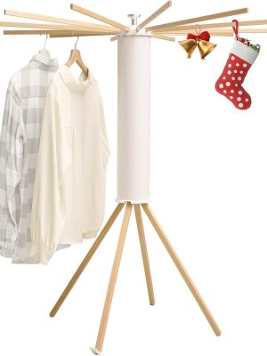 Drying Rack Portable,Foldable Drying Rack Clothing with 12 Wood Drying Arms, Standing Laundry Hanger Rack Round Collapsible & Portable Handle for Laundry Room, Balcony, Bedroom, RV