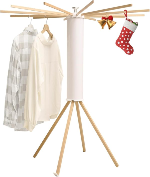Drying Rack Portable,Foldable Drying Rack Clothing with 12 Wood Drying Arms, Standing Laundry Hanger Rack Round Collapsible & Portable Handle for Laundry Room, Balcony, Bedroom, RV
