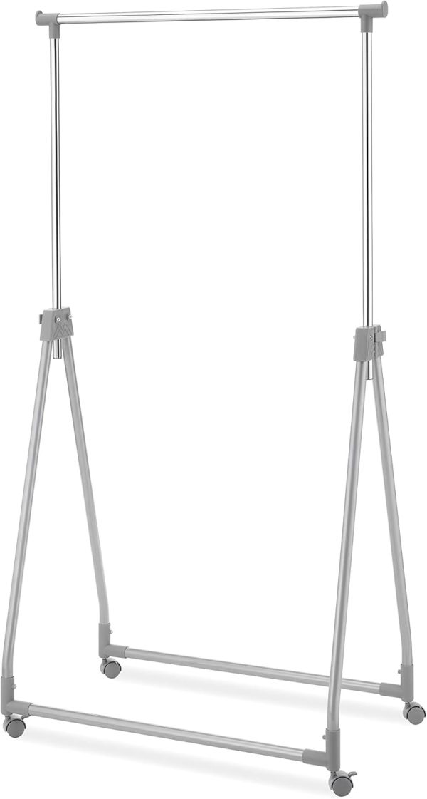 Foldable Garment Rack - Rolling Clothes Rack - Adjustable Height - Silver