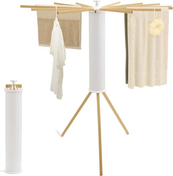 Tripod Clothes Drying Rack Wooden Drying Rack, Laundry Drying Rack Space Saving Foldable Drying Rack Clothing, Stand Outdoor Folding Portable Drying Rack with 16 Expandable Drying Rods