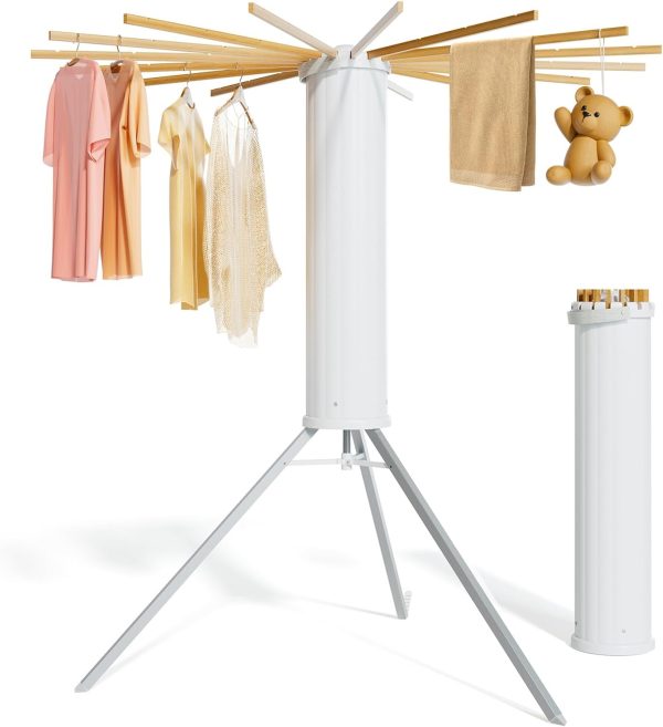 Tripod Clothes Drying Rack, Upgraded Octopus Clothes Drying Rack,Foldable Laundry Clothes Drying Rack,Space Saving Drying Rack for Indoor Outdoor,16 Expandable Rods,Aluminum Feet+Wood Rods