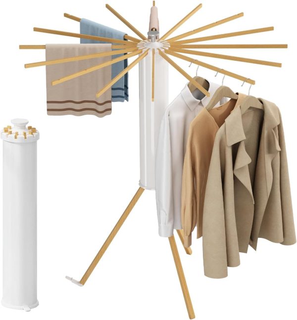 Clothes Drying Rack, Foldable and Portable Drying Rack Clothing, Laundry Drying Rack Collapsible Indoor Outdoor Balcony Bedroom Wood Hanging rods 16 Poles