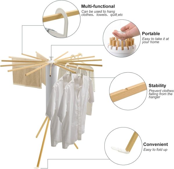 Tripod Clothes Drying Rack Wooden Drying Rack, Laundry Drying Rack Space Saving Foldable Drying Rack Clothing, Stand Outdoor Folding Portable Drying Rack with 16 Expandable Drying Rods