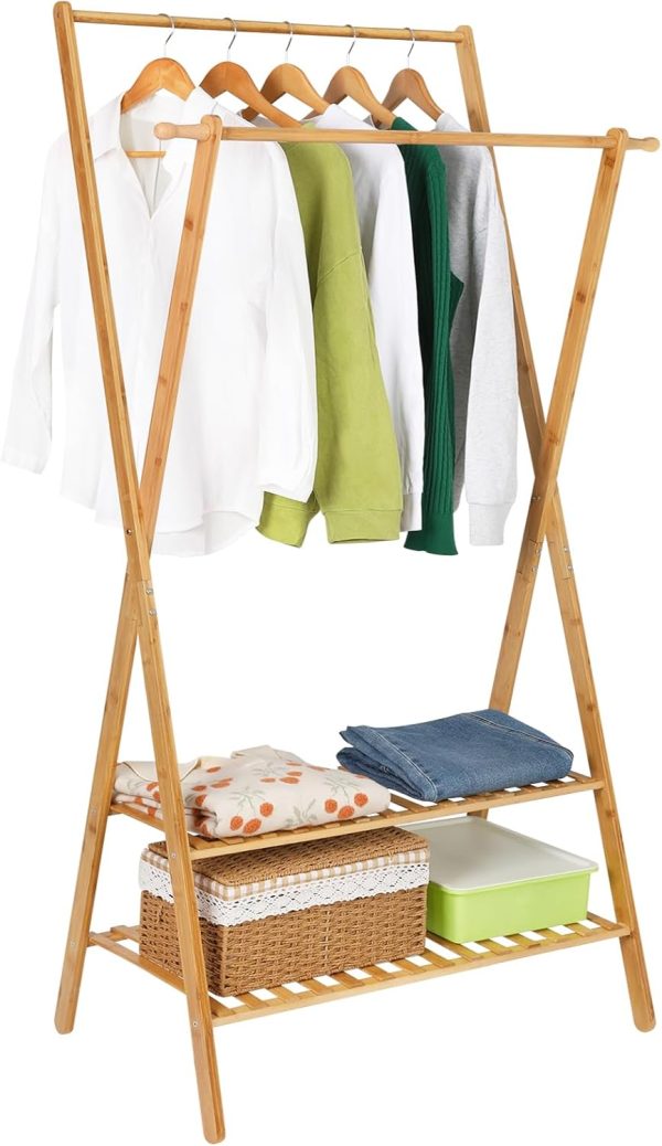 Bamboo Clothing Rack Double Rod Garment Rack with 2 Tier Storage Shelf Closet Organizer for Guest Room, Laundry Room, Apartment, Entryway