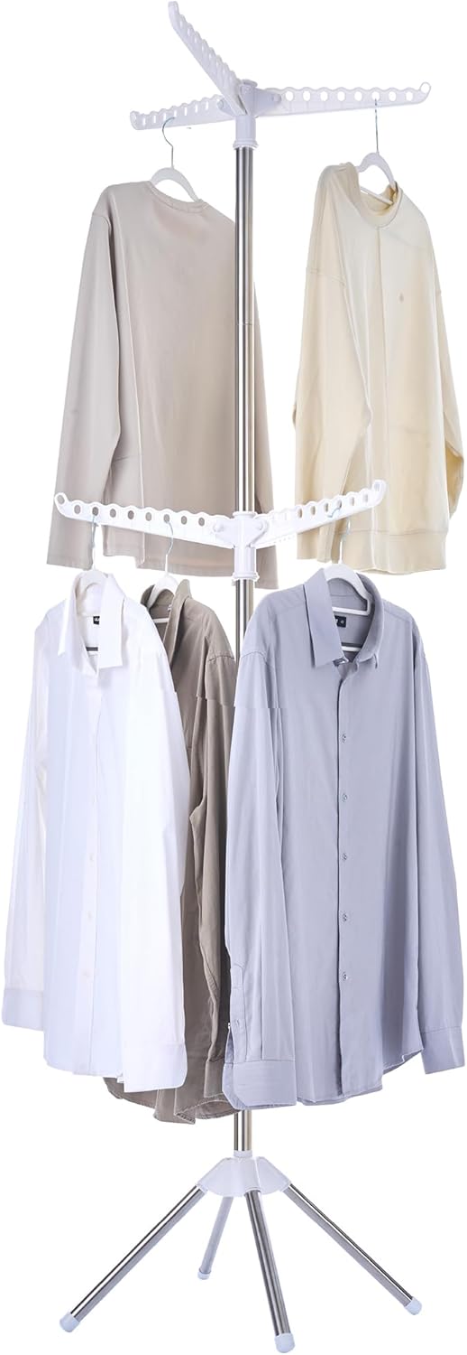 Clothes Drying Rack Foldable, 74.8 inch 2 Tier Laundry Drying Rack with Rotating Clothes Rail for 54 Pieces of Clothes, Space Saving, Indoor, Stainless Steel, White and Silver