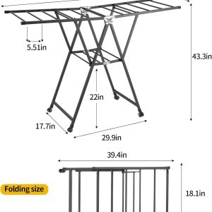Folding Clothes Drying Rack 2-Tier, Large Laundry Drying Rack with Height-Adjustable Wings, Indoor Outdoor Collapsible Foldable Clothes Drying Rack, with 4 Castors,Easy to Fold - Grey