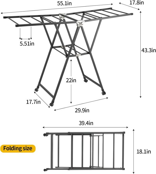 Folding Clothes Drying Rack 2-Tier, Large Laundry Drying Rack with Height-Adjustable Wings, Indoor Outdoor Collapsible Foldable Clothes Drying Rack, with 4 Castors,Easy to Fold - Grey