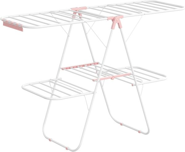Clothes Drying Rack, Foldable 2-Level Laundry Drying Rack, Free-Standing Large Drying Rack, with Height-Adjustable Wings, 33 Drying Rails, Sock Clips, White and Pink