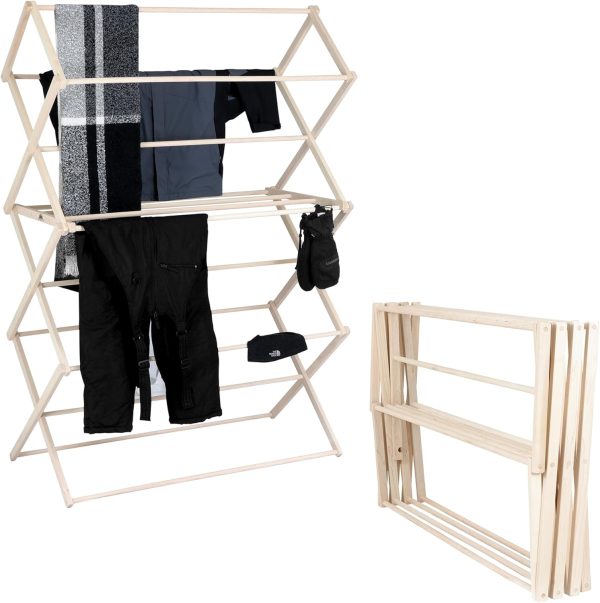 Clothes Drying Rack: Solid Maple Hard Wood Laundry Rack for Blankets, Towels, Bedding & More, Heavy Duty Folding Drying Rack, Made in USA, No Assembly Needed, XXLarge
