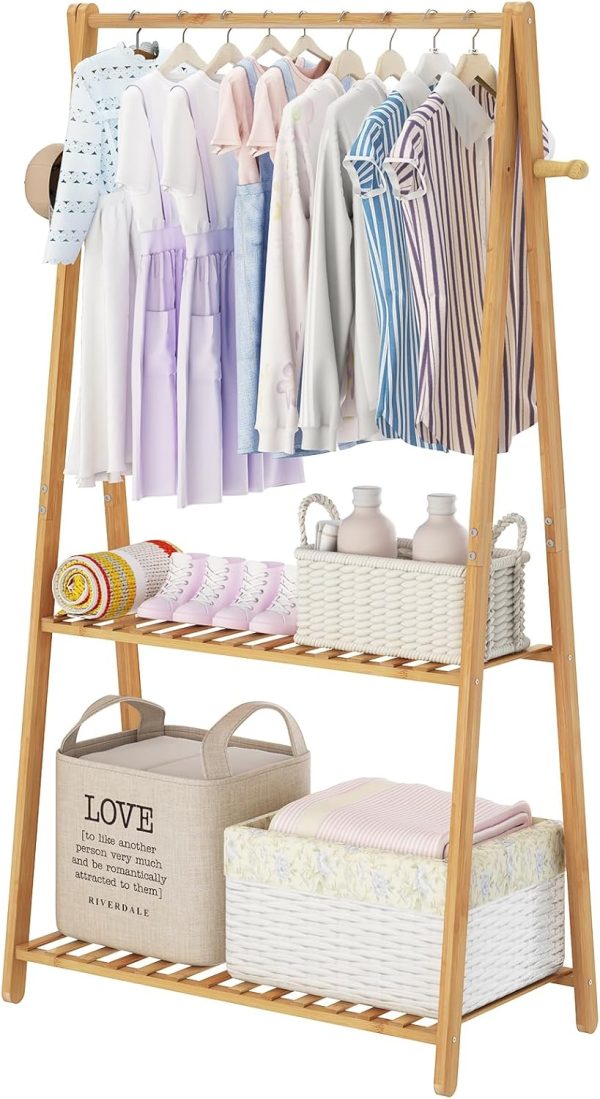 Kids Clothing Rack for Hanging Clothes,Small Clothes Racks Wooden Dress Up Storage Costume Rack,Short Toddler Clothes Organizer,Mini Bamboo Garment Rack with Shelves Laundry Drying,Standing