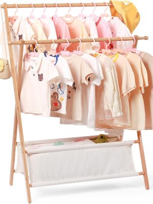 Bamboo Kids Clothing Rack with Dual Poles, Child Dress Up Rack, Clothing Organizer Rack, Small Garment Rack with Storage, Perfect for Costumes and Accessories (Natural Color)