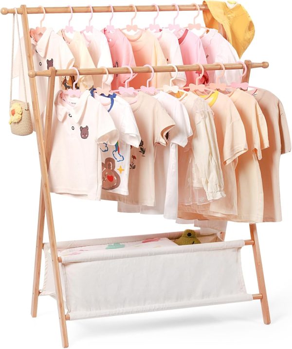 Bamboo Kids Clothing Rack with Dual Poles, Child Dress Up Rack, Clothing Organizer Rack, Small Garment Rack with Storage, Perfect for Costumes and Accessories (Natural Color)