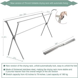 Clothes Drying Racks Outdoor, 82 Inches Updated Version,Stainless Steel Laundry Drying Rack for Indoor Outdoor and The Balcony,Length Adjustable Saves Space,with Windproof Hooks(002)