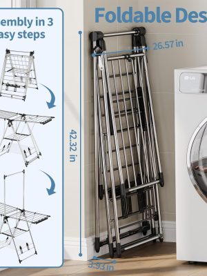 Clothes Drying Rack with High Hanger, Foldable 3-Level Drying Racks with Shoe Rack, Crossbar and Vertical Rod Laundry Stand with Adjustable Wings Silver
