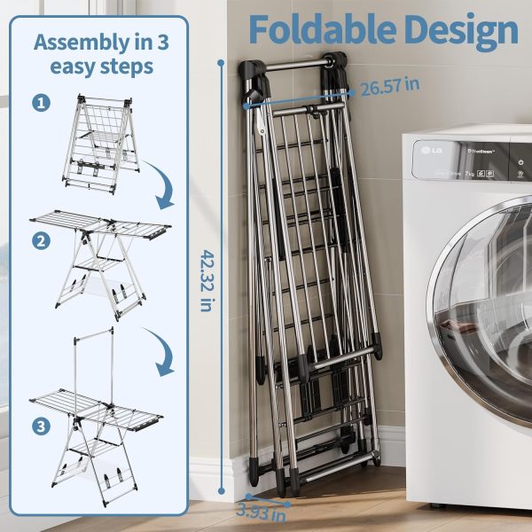 Clothes Drying Rack with High Hanger, Foldable 3-Level Drying Racks with Shoe Rack, Crossbar and Vertical Rod Laundry Stand with Adjustable Wings Silver