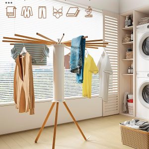 Cylinder Tripod Drying Rack for Clothes | Standing Octopus Dryer Rack for Indoor| Large Round Dryer Rack | 16 Dryer Rods and 360° Rotatable | Compact Household(Wood Feet)