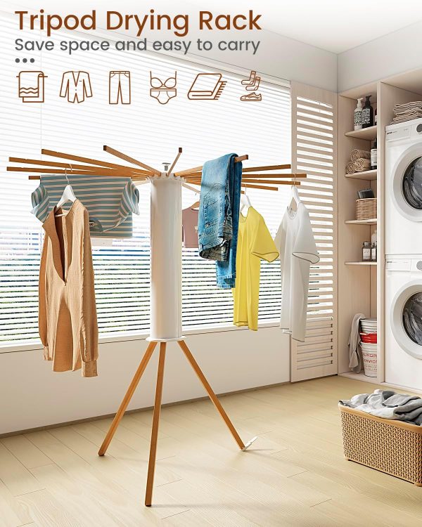 Cylinder Tripod Drying Rack for Clothes | Standing Octopus Dryer Rack for Indoor| Large Round Dryer Rack | 16 Dryer Rods and 360° Rotatable | Compact Household(Wood Feet)