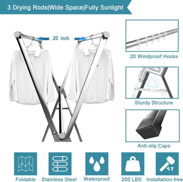 Clothes Drying Racks, Heavy Duty Stainless Steel Clothes Standing Drying Pole with 20 Windproof Hooks for The Balcony Indoor or Outdoor, Length Adjustable and Foldable (79 inch)