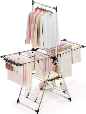Clothes Drying Rack with High Hanger, Foldable 3-Level Drying Racks with Shoe Rack, Crossbar and Vertical Rod Laundry Stand with Adjustable Wings Silver