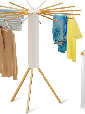 Cylinder Tripod Drying Rack for Clothes | Standing Octopus Dryer Rack for Indoor| Large Round Dryer Rack | 16 Dryer Rods and 360° Rotatable | Compact Household(Wood Feet)