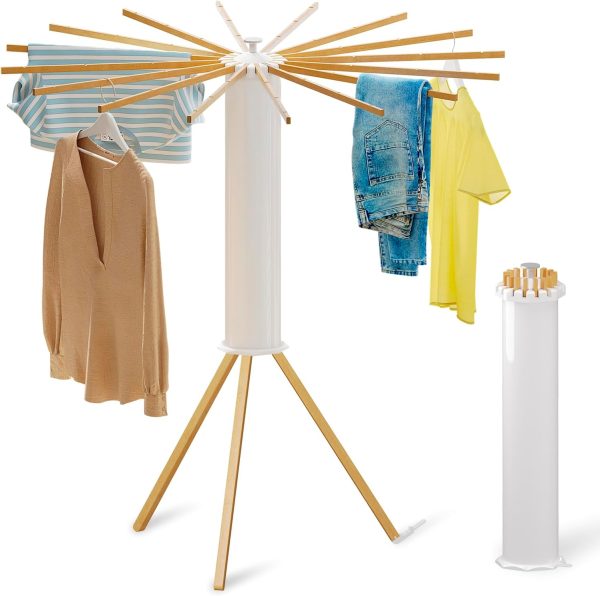 Cylinder Tripod Drying Rack for Clothes | Standing Octopus Dryer Rack for Indoor| Large Round Dryer Rack | 16 Dryer Rods and 360° Rotatable | Compact Household(Wood Feet)