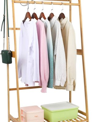 Portable Kids Clothes Racks for Hanging Clothes Organizer,Bamboo Garment Rack with Shelves, Wooden Small Corner Clothing Racks Bedroom, Narrow Space,Free Standing