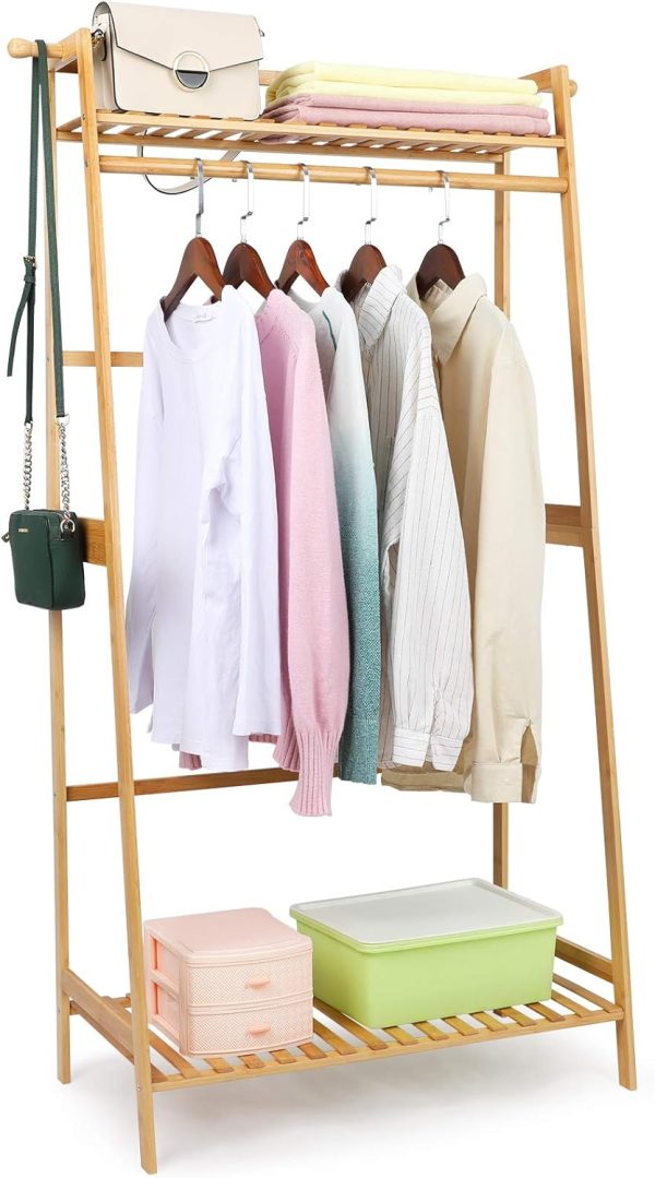 Portable Kids Clothes Racks for Hanging Clothes Organizer,Bamboo Garment Rack with Shelves, Wooden Small Corner Clothing Racks Bedroom, Narrow Space,Free Standing