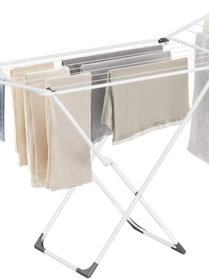 Clothes Drying Rack, Metal Laundry Drying Rack, Foldable, Space-Saving, Free-Standing Airer, with 2 Gullwings, Indoor Outdoor Use, Bed Linen Clothing, White