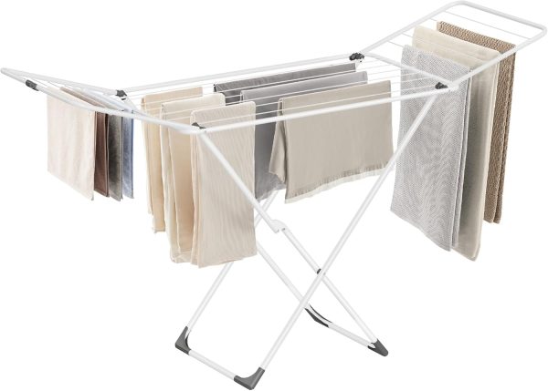 Clothes Drying Rack, Metal Laundry Drying Rack, Foldable, Space-Saving, Free-Standing Airer, with 2 Gullwings, Indoor Outdoor Use, Bed Linen Clothing, White
