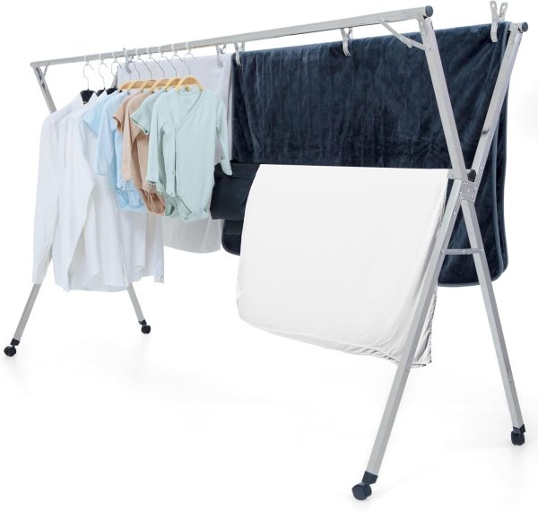 Foldable Clothes Drying Rack with Wheels - 95-Inch Expandable Laundry Rack, 20 Windproof Clips, 10 Large Pegs, Sandbag, Storage Bag for Indoor/Outdoor Use