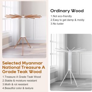 Portable Teak Tripod Clothes Drying Rack, Foldable Space-Saving Design, 16 Waterproof Teak Wood Drying Rods, Versatile Laundry Drying Rack for Indoor and Outdoor Use