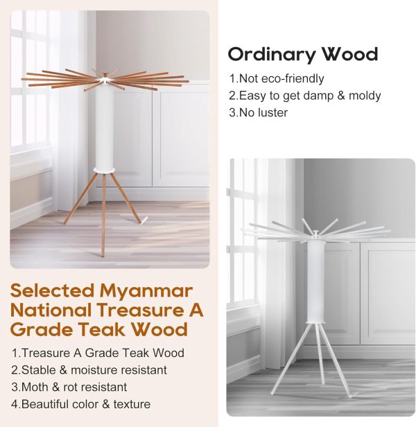 Portable Teak Tripod Clothes Drying Rack, Foldable Space-Saving Design, 16 Waterproof Teak Wood Drying Rods, Versatile Laundry Drying Rack for Indoor and Outdoor Use