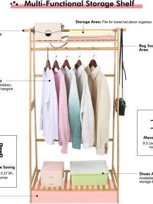 Portable Kids Clothes Racks for Hanging Clothes Organizer,Bamboo Garment Rack with Shelves, Wooden Small Corner Clothing Racks Bedroom, Narrow Space,Free Standing