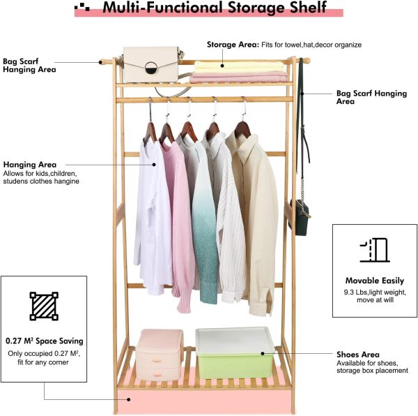 Portable Kids Clothes Racks for Hanging Clothes Organizer,Bamboo Garment Rack with Shelves, Wooden Small Corner Clothing Racks Bedroom, Narrow Space,Free Standing