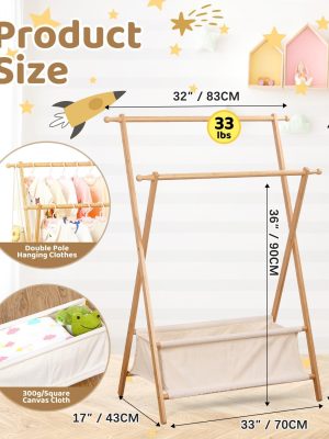 Bamboo Kids Clothing Rack with Dual Poles, Child Dress Up Rack, Clothing Organizer Rack, Small Garment Rack with Storage, Perfect for Costumes and Accessories (Natural Color)
