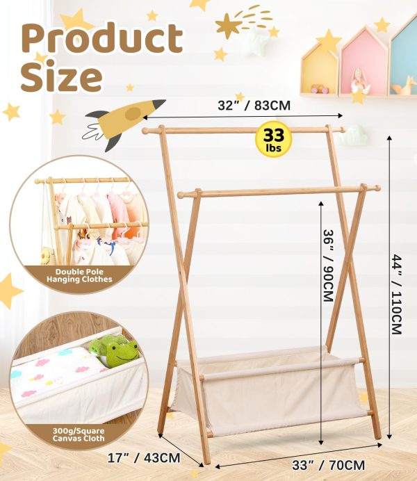 Bamboo Kids Clothing Rack with Dual Poles, Child Dress Up Rack, Clothing Organizer Rack, Small Garment Rack with Storage, Perfect for Costumes and Accessories (Natural Color)