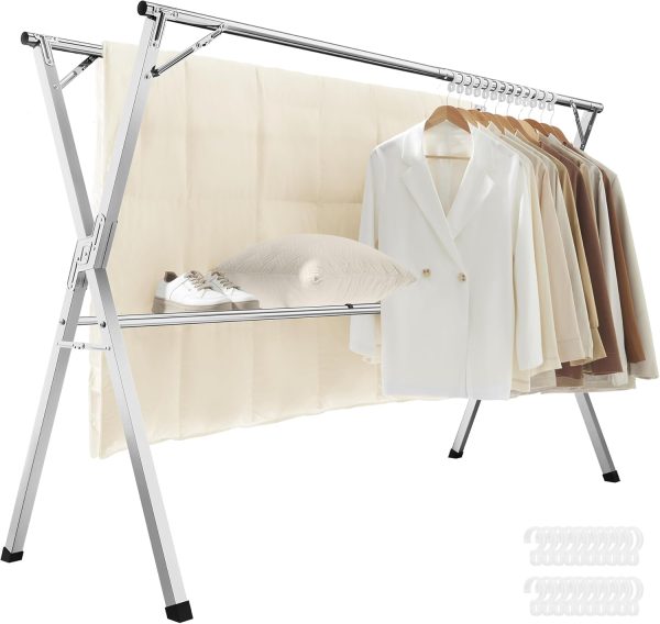 Clothes Drying Rack, Heavy-Duty Laundry Drying Rack, 52.4-78.7 Inches Extendable, Foldable Freestanding Airer, Stainless Steel, for Indoor Outdoor Use, Dove Gray