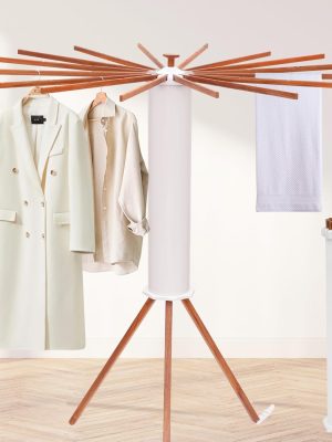 Portable Teak Tripod Clothes Drying Rack, Foldable Space-Saving Design, 16 Waterproof Teak Wood Drying Rods, Versatile Laundry Drying Rack for Indoor and Outdoor Use