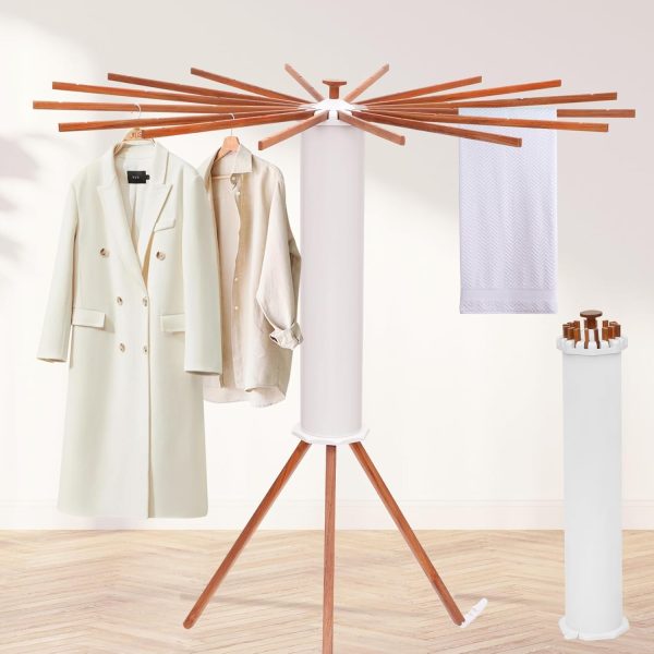Portable Teak Tripod Clothes Drying Rack, Foldable Space-Saving Design, 16 Waterproof Teak Wood Drying Rods, Versatile Laundry Drying Rack for Indoor and Outdoor Use