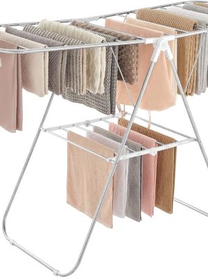 Clothes Drying Rack, with Sock Clips, Metal Laundry Rack, Foldable, Space-Saving, Free-Standing Airer, with 2 Height-Adjustable Gullwings, Indoor Outdoor Use, Silver and White