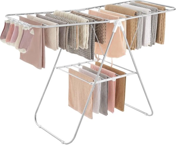 Clothes Drying Rack, with Sock Clips, Metal Laundry Rack, Foldable, Space-Saving, Free-Standing Airer, with 2 Height-Adjustable Gullwings, Indoor Outdoor Use, Silver and White