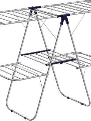 Clothes Drying Rack, Foldable 2-Level Laundry Drying Rack, Free-Standing Large Drying Rack, with Height-Adjustable Wings, 33 Drying Rails, Sock Clips, Silver and Blue