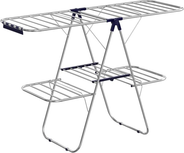Clothes Drying Rack, Foldable 2-Level Laundry Drying Rack, Free-Standing Large Drying Rack, with Height-Adjustable Wings, 33 Drying Rails, Sock Clips, Silver and Blue