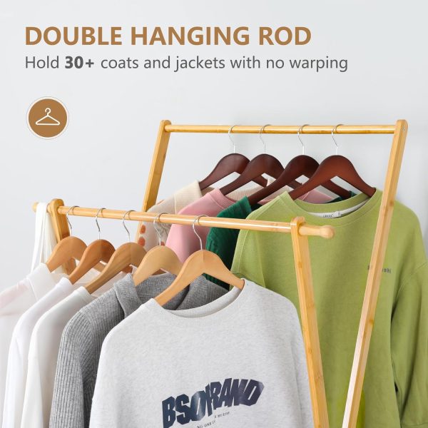 Bamboo Clothing Rack Double Rod Garment Rack with 2 Tier Storage Shelf Closet Organizer for Guest Room, Laundry Room, Apartment, Entryway