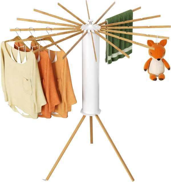 Octopus Clothes Drying Rack Foldable,Space Saving Tripod Laundry Drying Rack Clothing with 16 Poles, Perfect for Indoor,Outdoor,Balcony,RV and Traveling (Wooden)