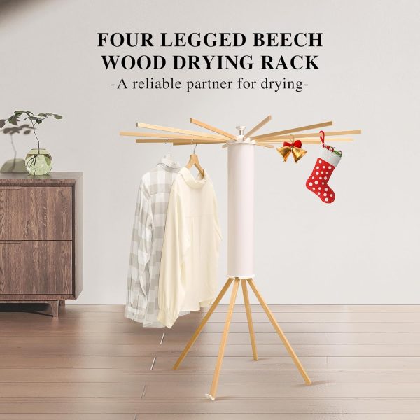Drying Rack Portable,Foldable Drying Rack Clothing with 12 Wood Drying Arms, Standing Laundry Hanger Rack Round Collapsible & Portable Handle for Laundry Room, Balcony, Bedroom, RV