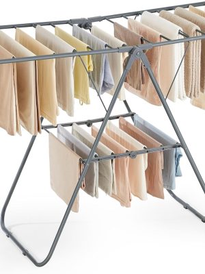 Clothes Drying Rack, with Sock Clips, Metal Laundry Rack, Foldable, Space-Saving, Free-Standing Airer, with 2 Height-Adjustable Gullwings, Indoor Outdoor Use, Gray