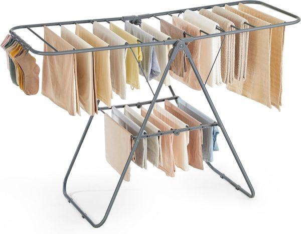 Clothes Drying Rack, with Sock Clips, Metal Laundry Rack, Foldable, Space-Saving, Free-Standing Airer, with 2 Height-Adjustable Gullwings, Indoor Outdoor Use, Gray
