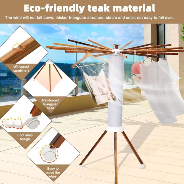 Portable Teak Tripod Clothes Drying Rack (with Wheels)