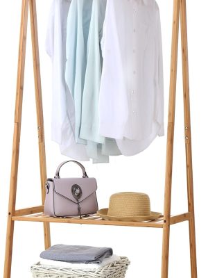 Bamboo Clothes Rack Portable Extra Large Garment Rack 2-Tire Storage Box Shelves For Entryway and Bed Room Patented Design